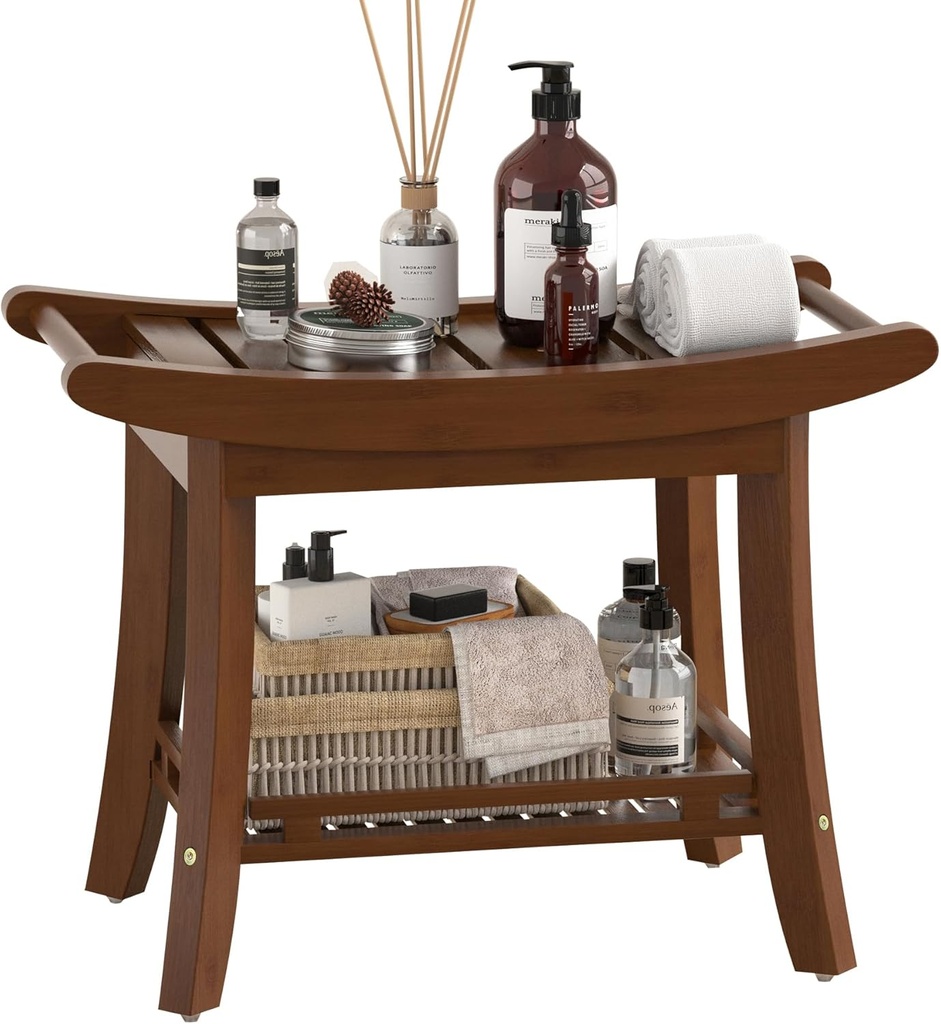 Bamboo Shower Bench Chair Bathroom Shower Stool Seat for Inside Shower Bathtub with Storage Shelf Shower Foot Rest for Shaving Legs 25.2 x 13 x 19.2 Inches Chestnut Brown