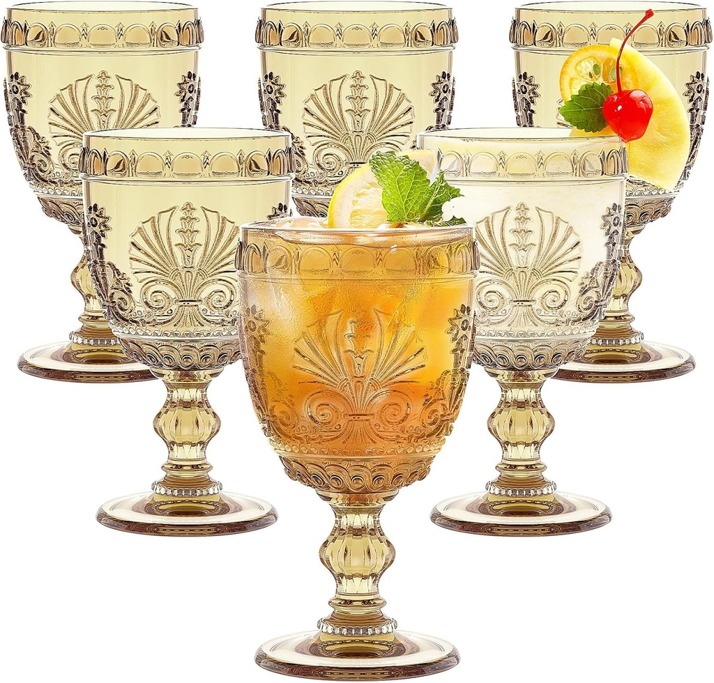 6 Pcs Goblet Glasses 10 oz Wine Glasses, Drinking Glasses Colored Retro Embossed Water Goblets For Wine Juice Baby Shower Wedding Reception Grand Event Party, Dishwasher Safe(Amber)