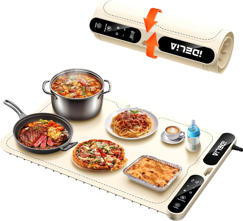 Food Warming Mat Electric Heating - Portable Silicone Warming Tray with 7 Temperature Settings and 8 Hours Timer for Party Buffet Home Travel Kitchen (23.6"x15",Beige)