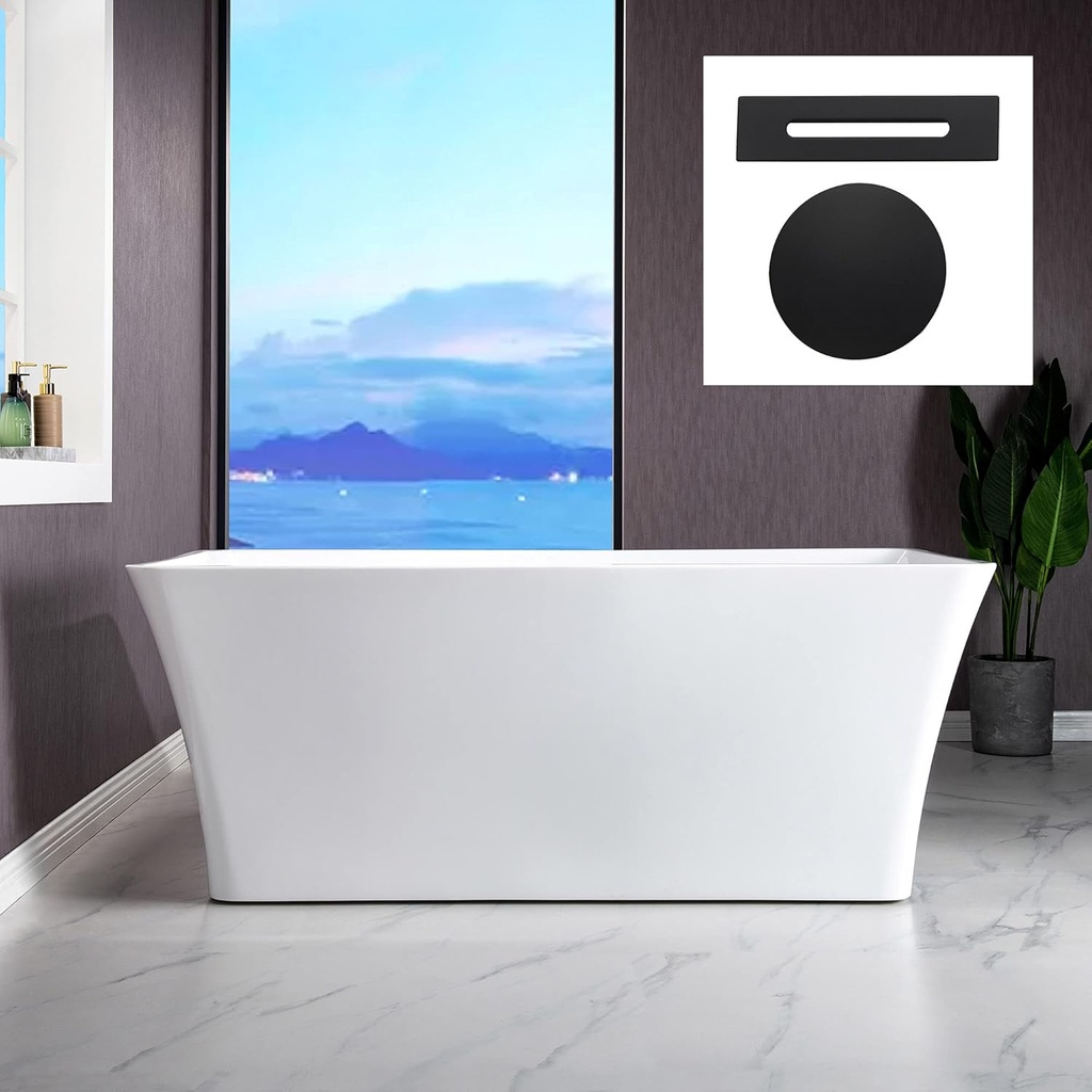 WOODBRIDGE 59" Freestanding White Acylic Soaking Bathtub with Matte Black Drain and Overflow,BTS1509-MB-Drain&O