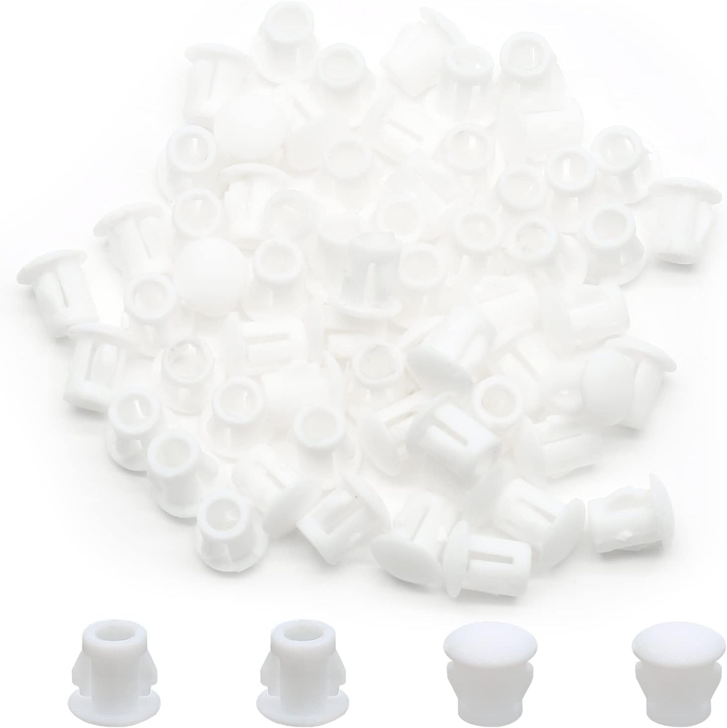 100PCS 6mm (1/4") White Hole Plugs Plastic Flush Type Hole Plugs Snap in Locking Hole Tube, Furniture Fencing Post Pipe Insert End Caps (White)