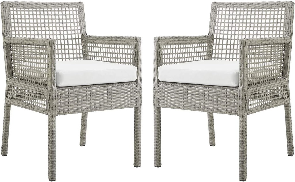 Modway Aura Wicker Rattan Outdoor Patio Two Dining Arm Chairs in Gray White