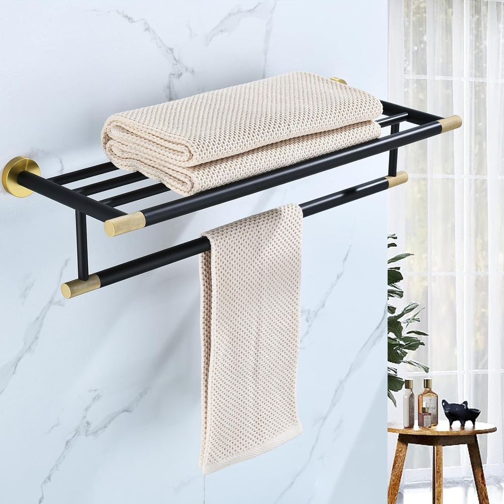 Black Brushed Gold Towel Rack 24'' Bath Towel Shelf with Towel Bars SUS304 Matte Black Stainless Steel Wall Mounted，Modern Bathroom Storage Shelf