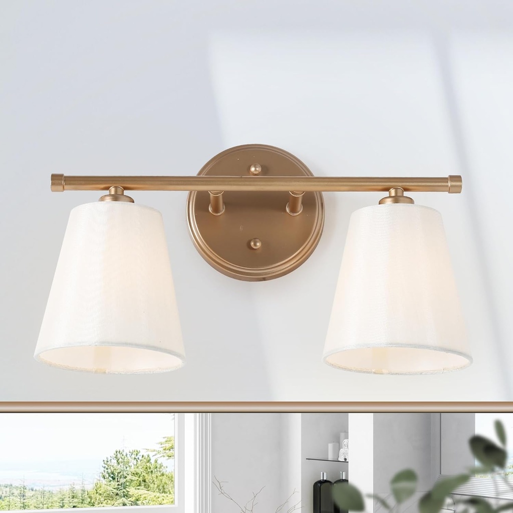 KSANA Modern Gold Vanity Lights, 2-Light Bathroom Light Fixtures with White Fabric Shade Vanity Light Over Mirror for Bedroom, Hallway, Kitchen