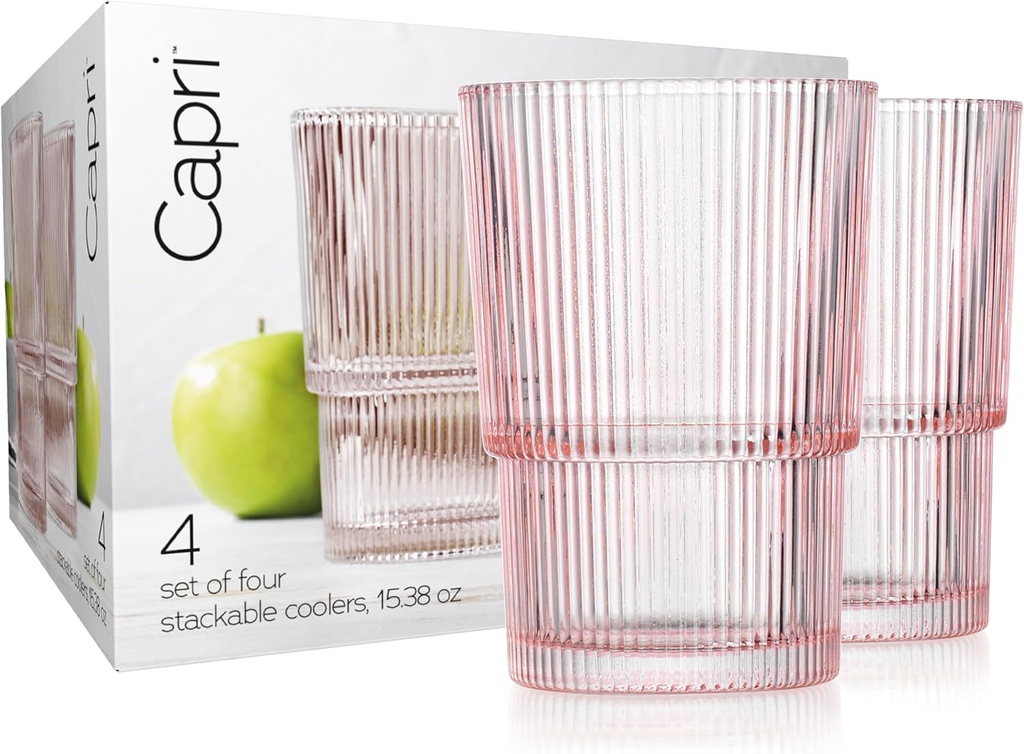 Glaver's Ribbed Drinking Glasses Set of 4 - Pink Vintage Glass Cups 15.38 oz, Stackable Highball Glasses, Juice, Iced Coffee Cups, Water Glasses for Beverages - Blush