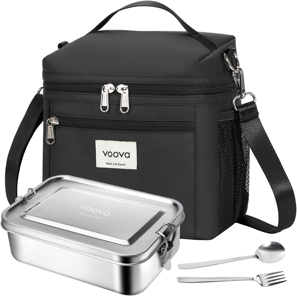 Voova Stainless Steel Lunch Box with Lunch Bag for Women Men Adult, (42oz/1200ml) Leakproof Metal Bento Box with Free Sealing, Insulated Lunch box for Work, Black