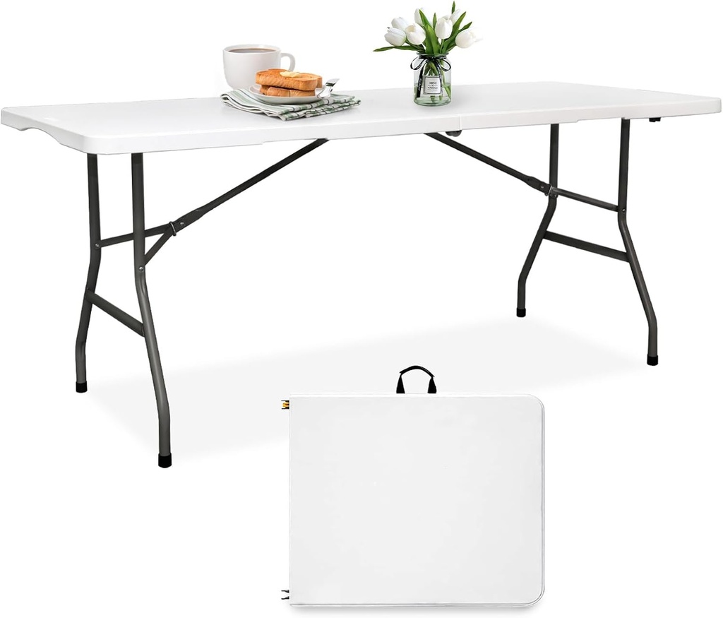 Folding Table 6FT HDPE 6 Foot Foldable Table Portable Banquet Surface Fold-in-Half Desk Utility for Working Meeting Parties, Picnic, Camping, Weddings, Catering, Garden Dining-White