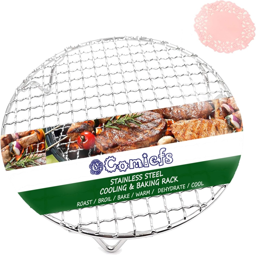Comicfs Round Cooling Rack Dia 7" 304 Stainless Steel Cross Wire Baking Barbecue Carbon Net Grill Pan Cooking Rack Steaming Rack with Legs Fits Air Fryer/Pressure Cooker/Stockpot/Dutch Oven (18cm/7")