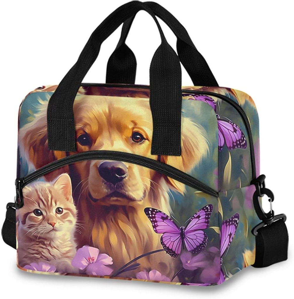 Dog Puppy Pug Cat Butterfly Purple Flowers Lunch Bags for Women Men Large Insulated Lunch Boxes Decoration Durable Lunch Tote Lunch Bags Cooler Bags for Teacher Office Work Picnic S0403441