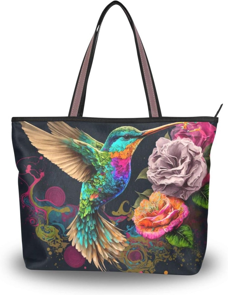 ZENWAWA Women Tote Bag (Hummingbird Flower), Casual Zipper Shoulder Bag Reusable Grocery Bag