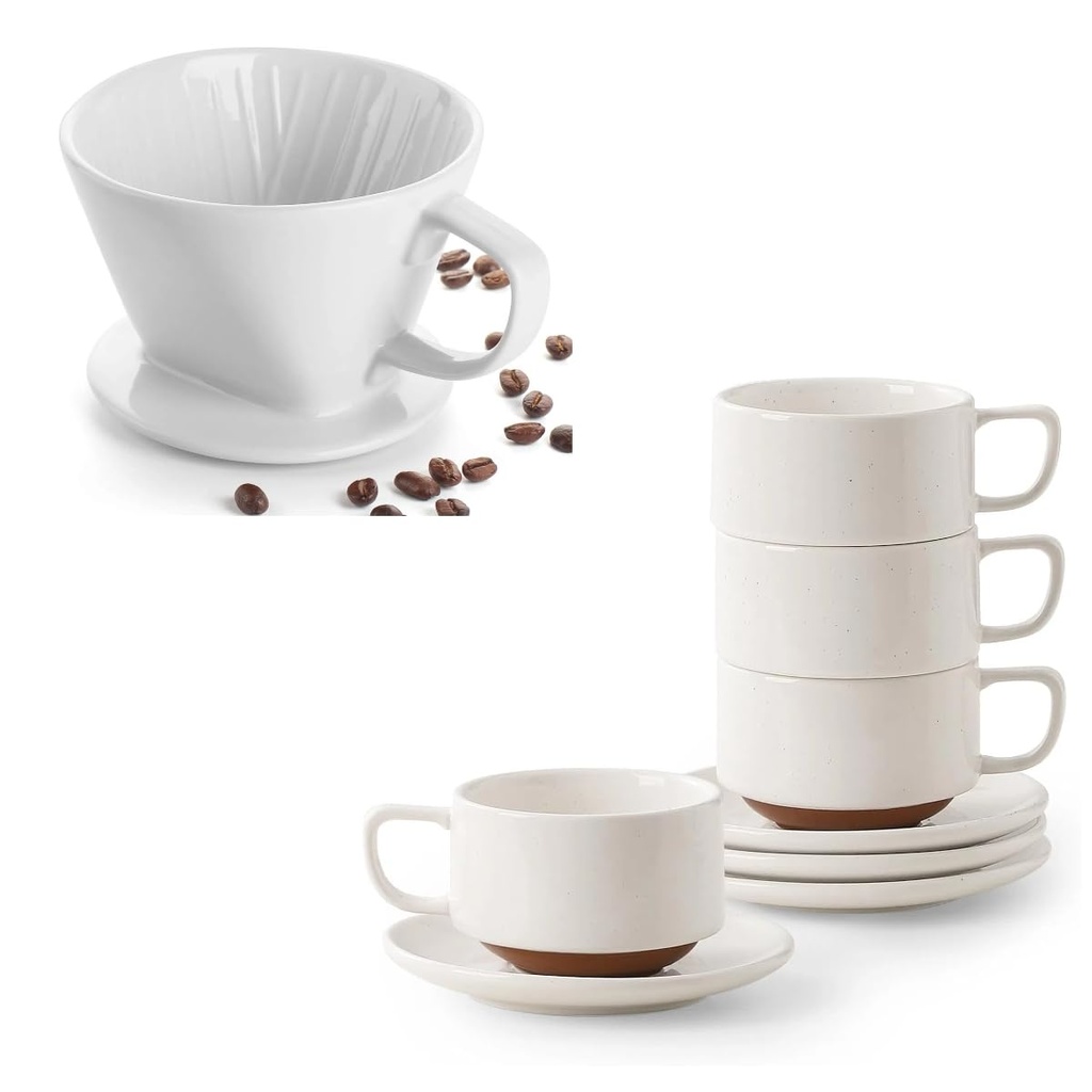 DOWAN 5oz Coffee Cup and Saucer Set of 4 and Pour Over Coffee Maker