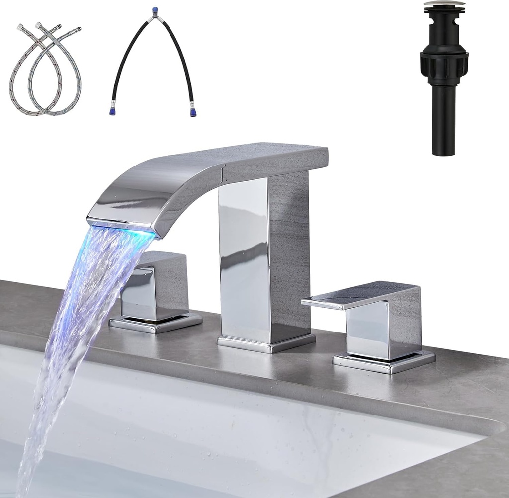 LED Light Waterfall Bathroom Faucets for Sink 3 Hole- Widespread Bathroom Sink Faucet with Drain, 2-Handle Bathroom Faucet with Pop Up Sink Drain Stopper, Washbasin Faucet