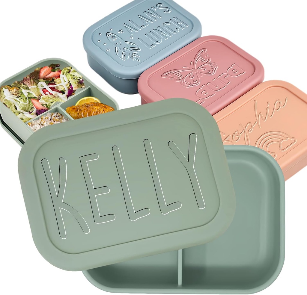 xrlsg Personalized Bento Box Custom Silicone Lunch Box Engrave Name Lunch Containers with 3 Compartment for Work Travel Microwave Freezer Dishwasher Safe