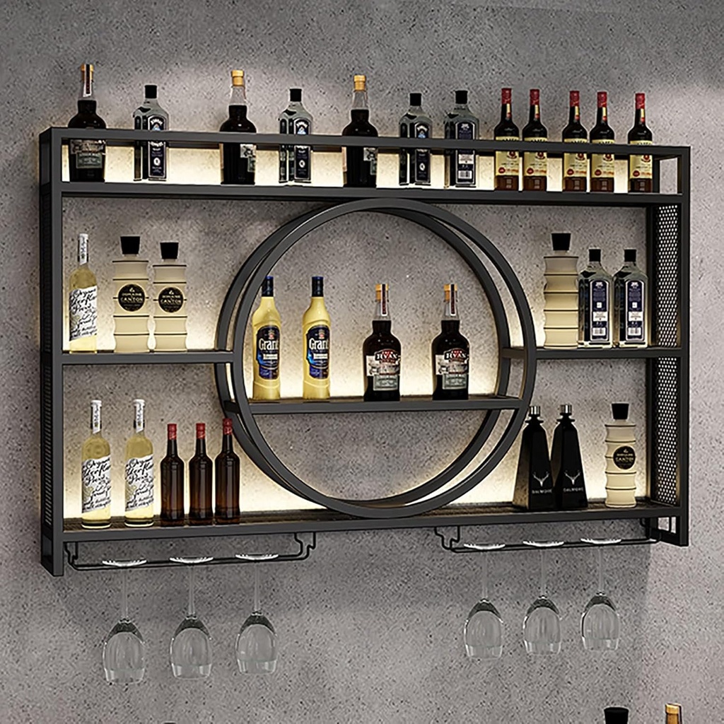 Wall Mounted LED Wine Rack Wine Glass Rack, Bar Unit Metal Floating Shelves, Bar Bottle Display Shelf Wine Cups Hanging Holder, Hanging Goblet For Liquor Bottles, For Kitchen Living Room Home Decor (