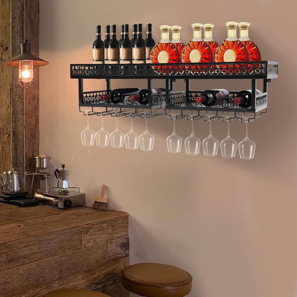 3 Tiers Wine Rack, Industrial Wine Rack Shelf Wall Mounted Wine Rack with Guardrail Wine Glass Goblet Holder with Large Capacity for Home Bar Wine Cellar Kitchen Display
