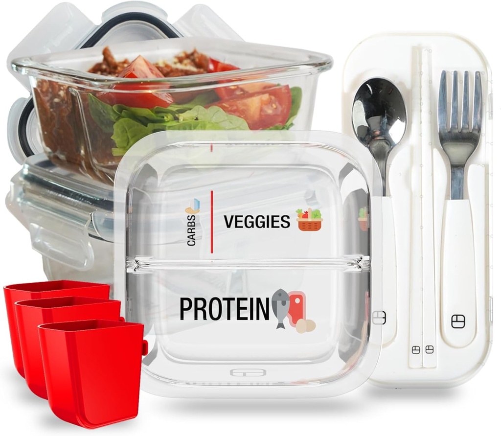 Portion Control Containers for Bariatric Meals – 8 oz Glass Meal Prep Containers with Two 4 oz Compartments and Lids (3 Pack), Reusable Bento Lunch Boxes