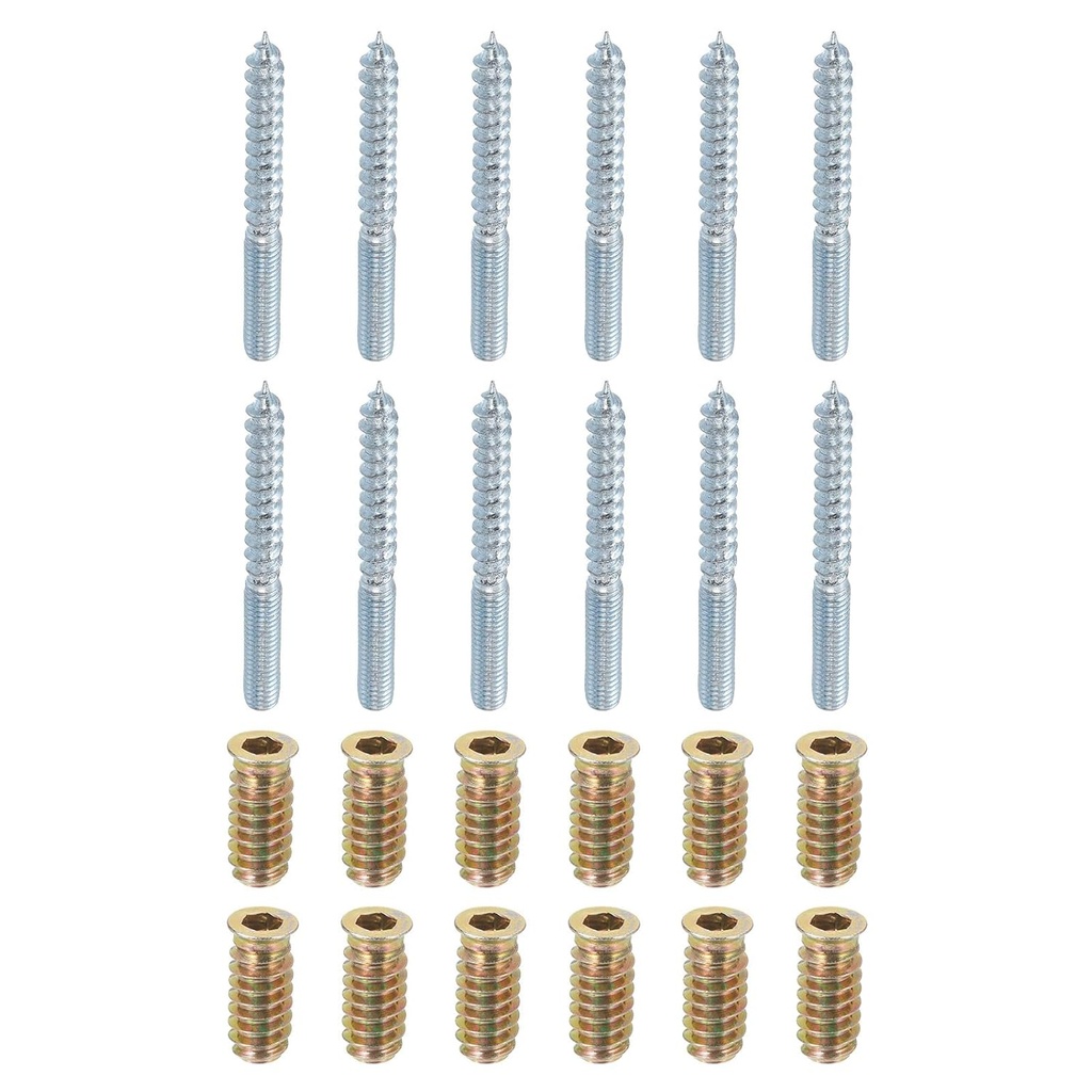 uxcell M6x60mm Hanger Bolts, 12pcs 31mm Wood Dowel Screw Self-Tapping Screw with 12pcs M6x24mm Threaded Insert Nuts Interface Hex Socket Drive, for Joint Furniture Legs
