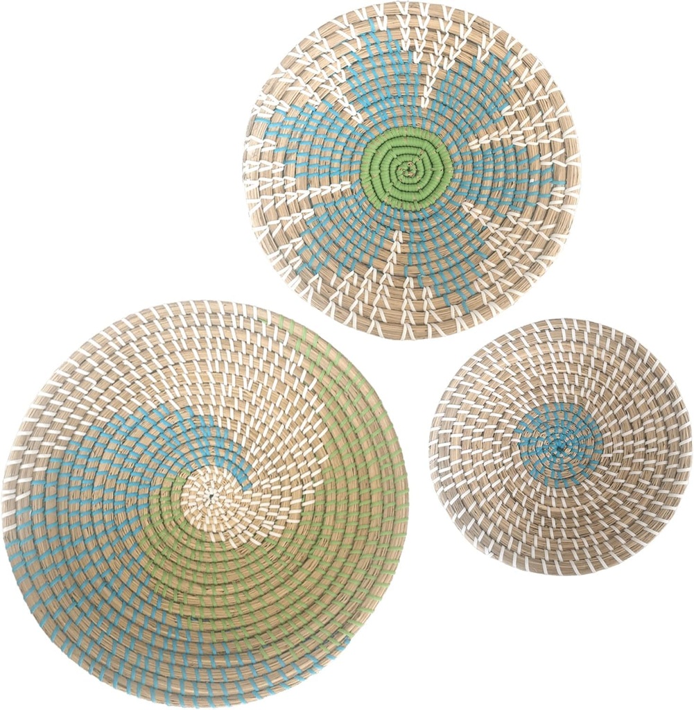 Wall Basket Decor - Wicker Coastal For Home Baskets Hanging Woven Boho Beach Rattan Seagrass Set of 3 Beige Teal Blue and Light Green