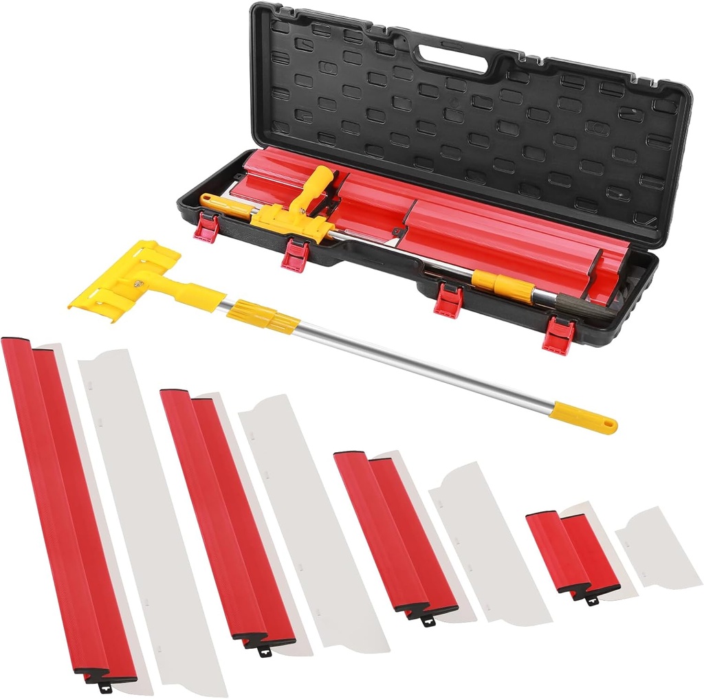 Drywall Skimming Blade Set, 10",16",24" & 32"-Stainless Steel Blades +29"-47" Telescoping Handle & Grip Adapter – Professional Wall Finishing Tools for Smooth Coating