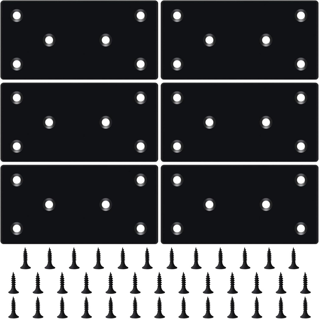 6PCS 3.11 x 1.57 inch Black Flat Mending Plate, Metal Bracket with Holes, Straight Steel Brace Fixing Joining Plate for Wood with 36PCS Screws