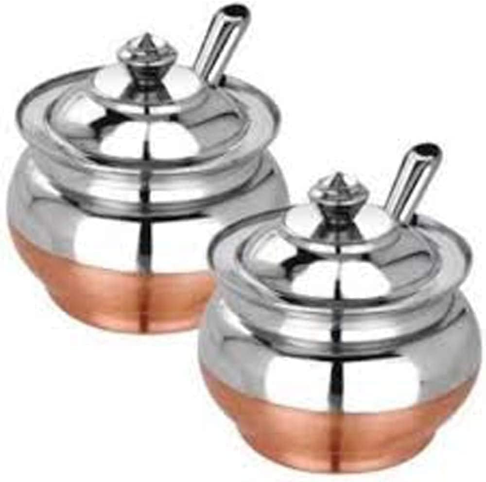 Stainless Steel Copper Bottom Ghee Pot Ghee Container with Spoon and Lid Ghee Dispenser Serve ware Bowls Multipurpose Storage Pot for Kitchen