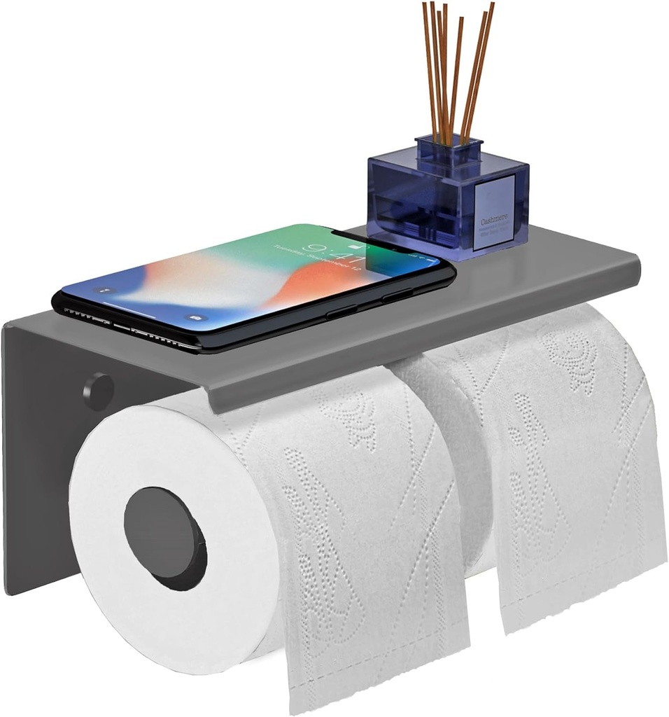 Double Toilet Paper Holder Stainless Steel Tissue Roll Rack with Phone Storage Shelf (Grey)