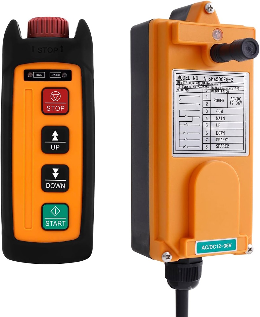 Wireless Overhead Crane Remote Control Mini 2-Channel 12V 24V 36V Industrial Electric Chain Hoist Winch Lift Radio Crane Remote Controller Transmitter and Receiver