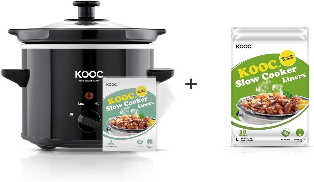 [Bundle Group] KOOC Slow Cooker 2-Quart (with 5 Bonus Free Liners) + Additional 1 Pack of 10 Liners for Easy Clean-up