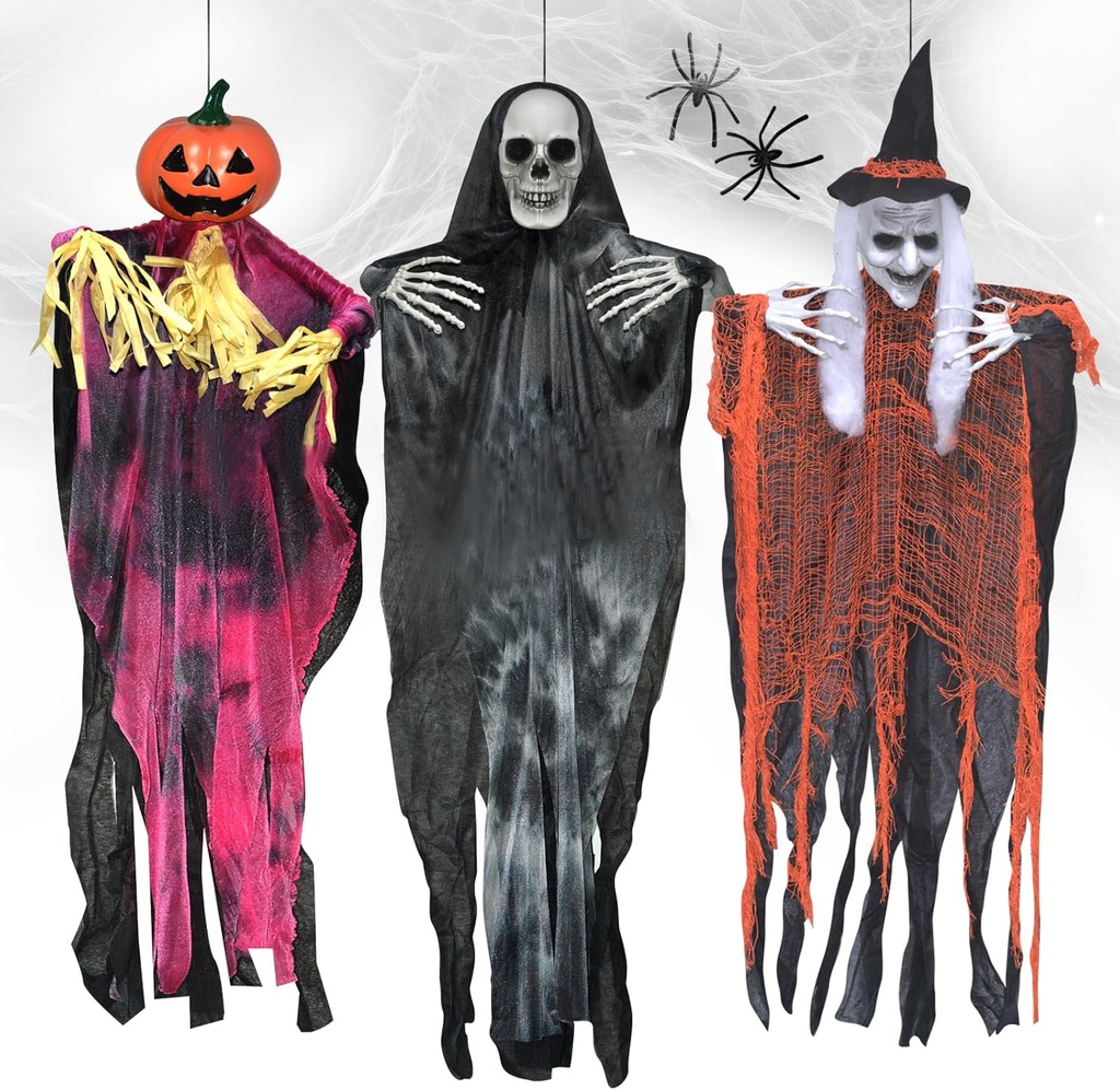 3 Pack 50'' Hanging Halloween Decorations Outdoor Indoor, Hanging Skeletons Pumpkins Witch Scary Halloween Decor with Spider Web for Porch Tree Yard Graveyard Garden Lawn Haunted House Creepy Decor