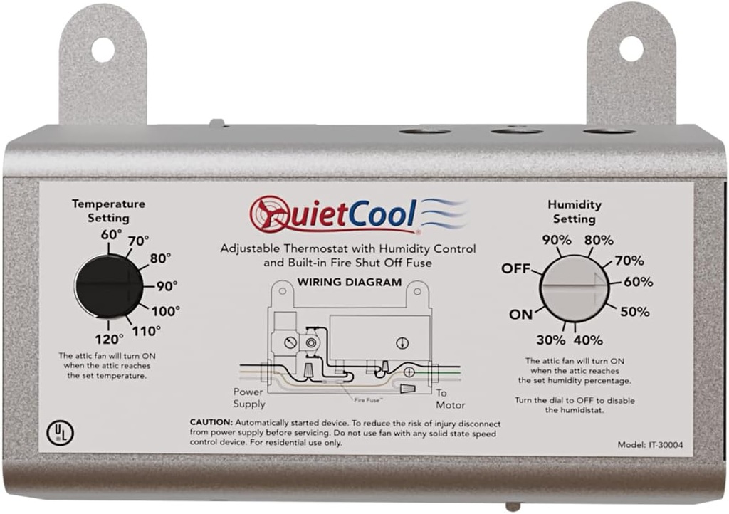 Attic Fan Adjustable Thermostat and Humidistat with Built-in Fire Safety Shut Off for Powered Attic Ventilators - Replacement Humidistat