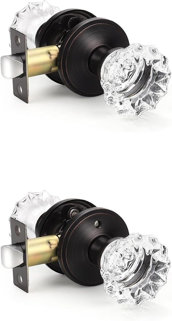 KNOBWELL 1 Pack Glass Passage Door Knob for Passage Hallway Closet and 1 Pack Crystal Privacy Door Knob for Bedroom Bathroom