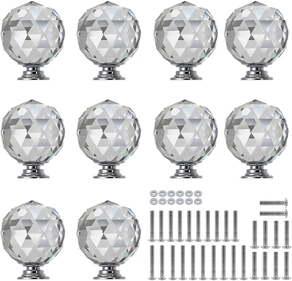 10 Pcs 30mm Round Diamond Crystal Cabinet Knobs Drawer Pull Handle Kitchen Door Wardrobe Hardware Used for Cabinet, Drawer,Dresser, Cupboard,Wardrpbe Furniture with 3 Kinds of Screws