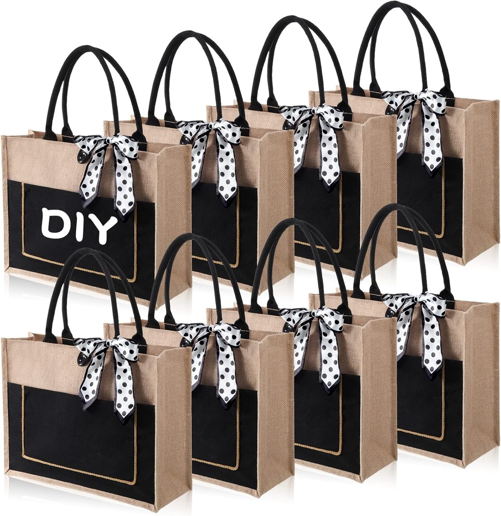 8 Pcs Large Burlap Tote Bags with Handles Jute Bridesmaid Gift Tote with Ribbons and Front Pocket 16.54 x 12.6 x 5.51 Inches Blank DIY Shopping Bags Bulk for Women Beach Wedding Picnic Work Travels