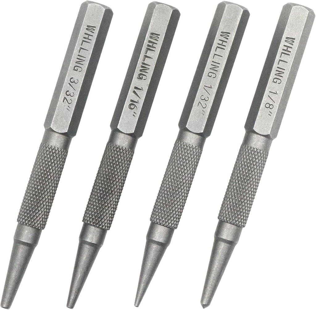 4-Piece Nail Setter Punch and Center Punch Set, Heat Treated Alloy Steel with Knurled Grip Most Commonly Used Sizes for Carpenters Woodworkers