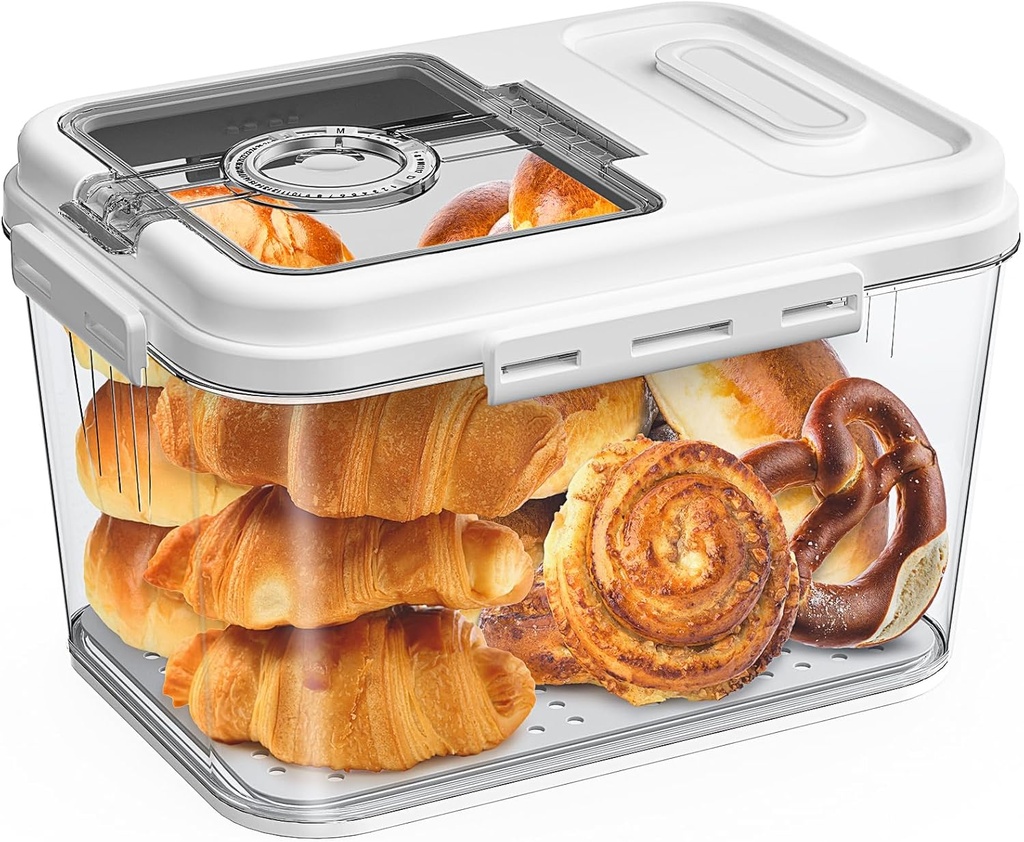Bread Box Airtight Bread Container for Homemade, Clear Bread Storage for Kitchen Countertop, Time Recording Bread Holder, Bread Keeper with Lid for Toast, Bagel, Donut and Cookies, White
