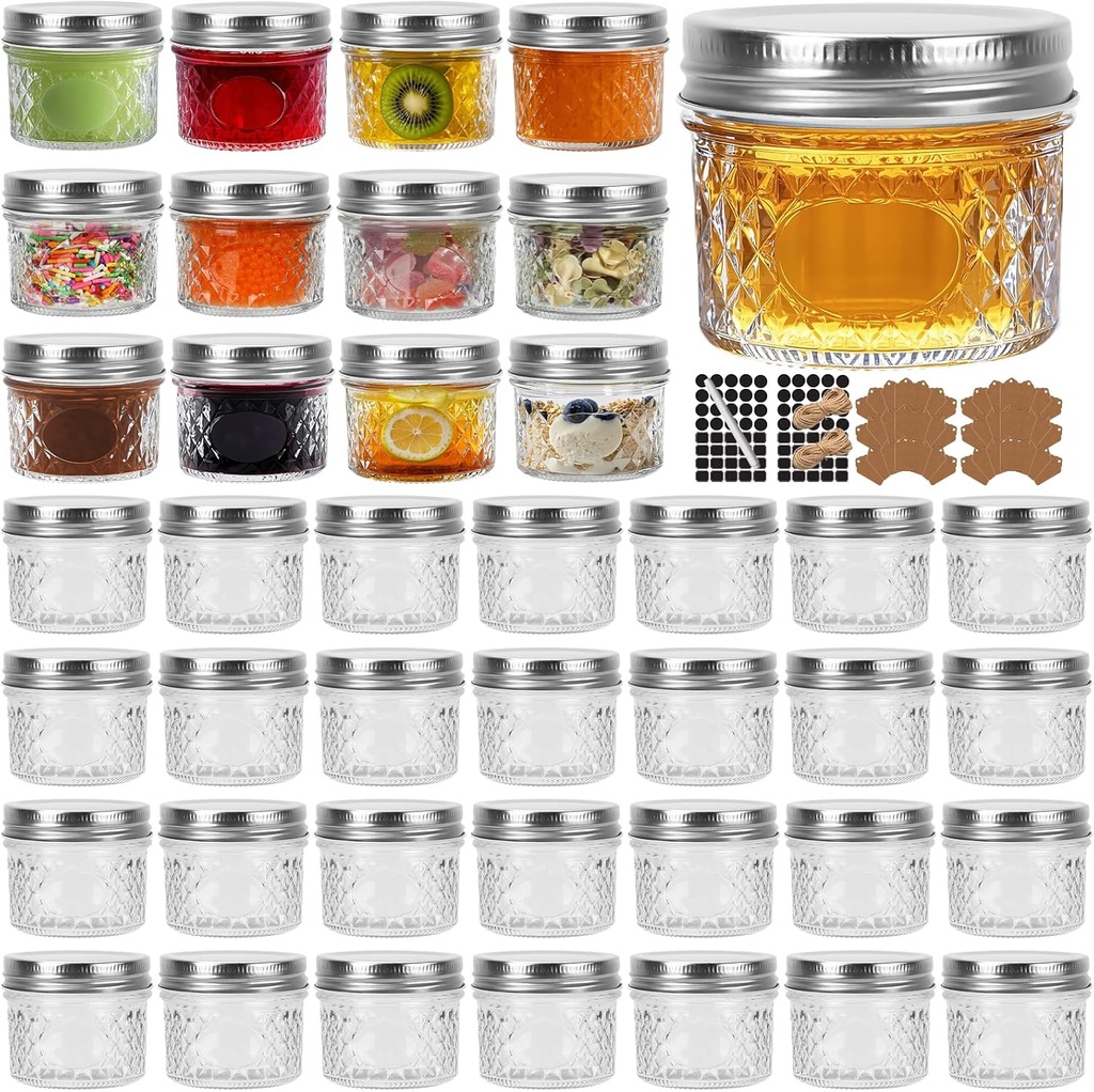 CycleMore 40 Pack 4oz Clear Mason Jars With One Piece Silver Lids, Mini Glass Canisters, Spice Bottles, Canning Jars for Honey, Jam, Jelly
