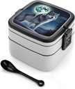 Wolf Under Moon Bento Box with Compartments Double Layer Bento Lunch Box with Spoon And Handle All-in-One Adult Lunchbox Leakproof Lunch Container for Work Picnic Travel
