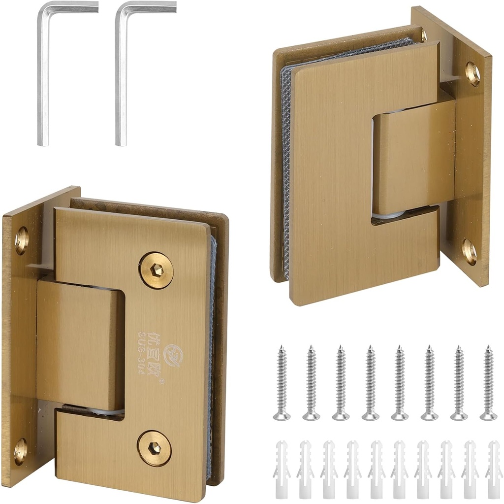 2 Pack Gold Glass Shower Door Hinges Frameless, 90 Degree Glass to Wall Shower Door Hinges, 304 Stainless Steel Brushed Nickel Shower Door Clamp for 8mm-12mm