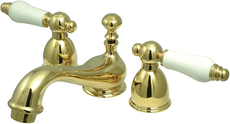Kingston Brass KS3952PL Restoration Mini Widespread Lavatory Faucet with Porcelain Lever Handle, Polished Brass,4-Inch Adjustable Center