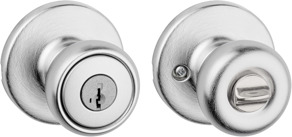 Kwikset Tylo Entry Door Knob with Lock and Key, Secure Keyed Handle Exterior Doorknob, Front Entrance and Bedroom, Satin Chrome, Pick Resistant SmartKey Rekey Security