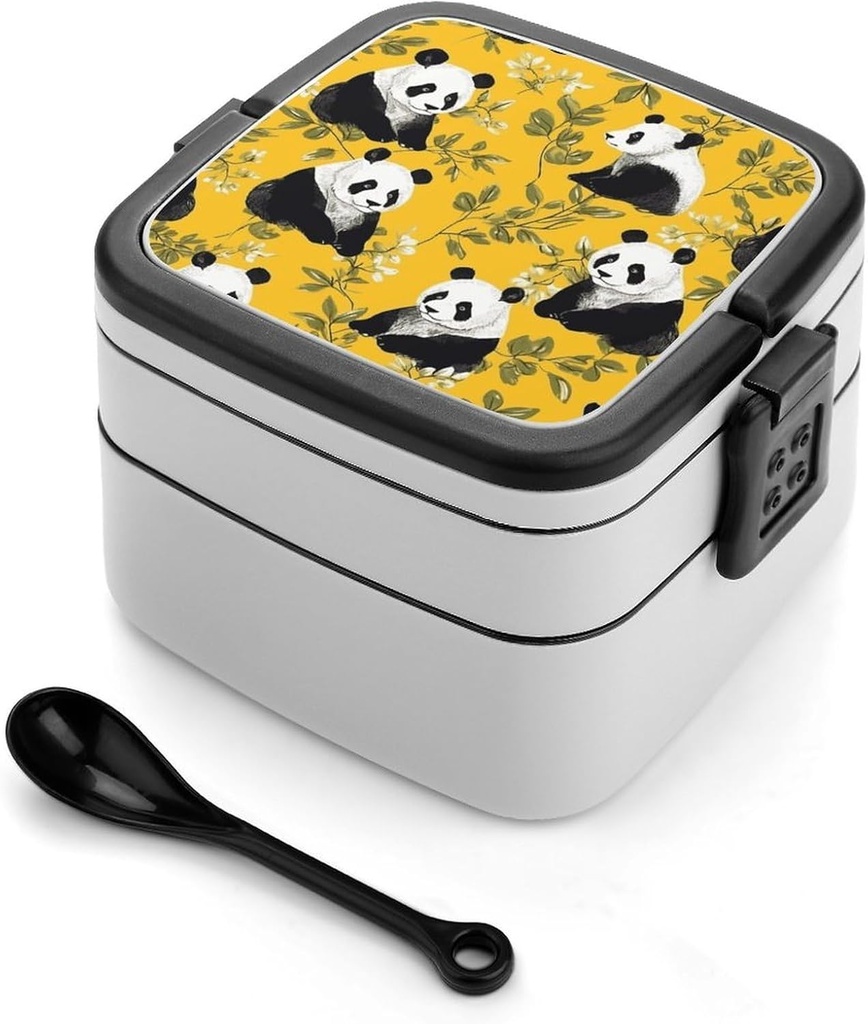 Panda on Yellow Background Bento Box with Spoon, 2-layer Stackable Lunch Box Leak Proof with Invisible Handle, Insulated Food Storage for Office, Picnic & Travel