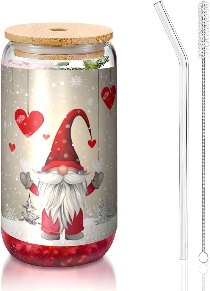 Christmas Gnome 16 Oz Ice Tea Glass Cup, Love Hearts Drinking Glasses with Bamboo Lids & Glass Straws for Coffee Tea Cocktail Whiskey Soda