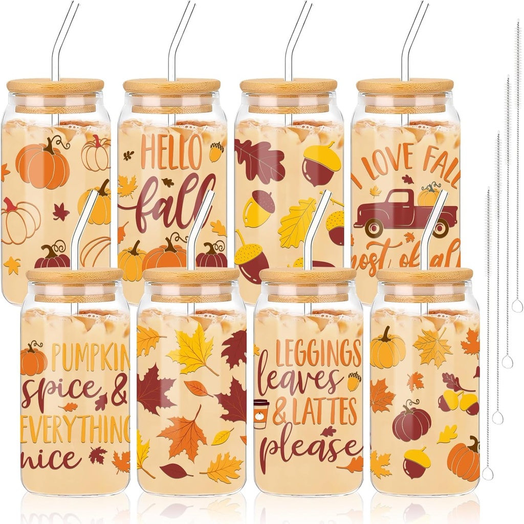 Whaline 8 Pack Hello Fall Drinking Glasses 16oz Pumpkin Maple Leaf Truck Glass Cup Fall Harvest Iced Coffee Cup for Autumn Thanksgiving Cocktail Whiskey Beer Soda Gifts