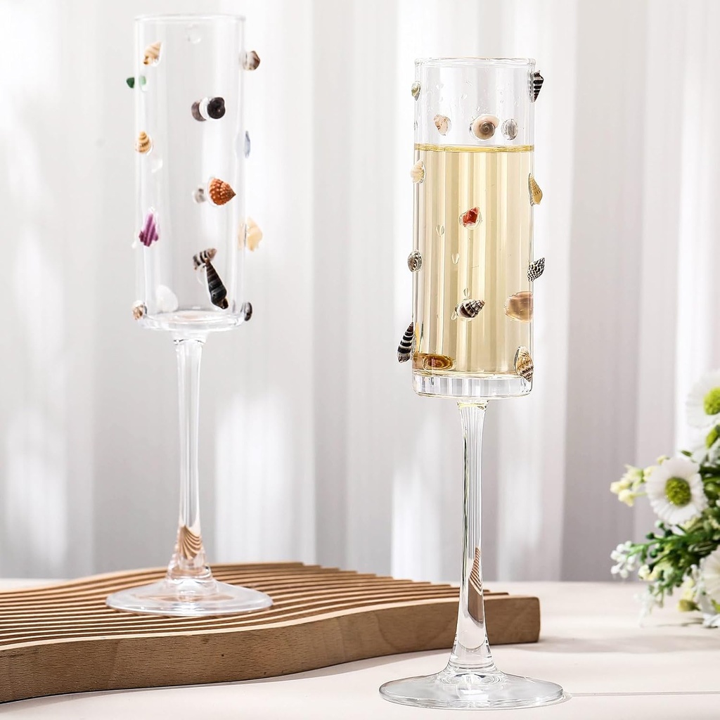 2 Pack Champagne Flutes with 3D Conch Shell Wine Glasses 6 oz Ocean Themed Cocktails Goblet Handmade Glass Cup Drinkware Container for Home Bar Wedding Bridal Shower Bachelorette Beach Party