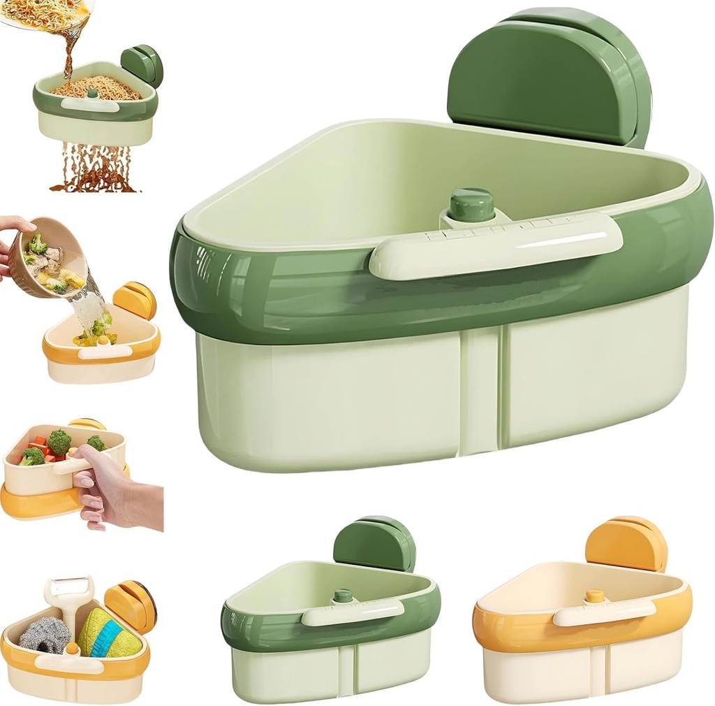 Suction Cup Sink Corner Rack - 2025 Upgraded Self-Cleaning Sink Strainer Basket, Press Automatic Dumping Sinks Strainer Basket with Suction Cup Sucker for Kitchen (Green)