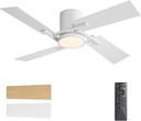 WINGBO 48" Flush Mount Ceiling Fan with Light - 4 Plywood Blades, 6-Speed Reversible DC Motor, Dimmable, 3CCT, Noiseless Low Profile Ceiling Fans and Light for Bedroom Living Room, White and Oak/White