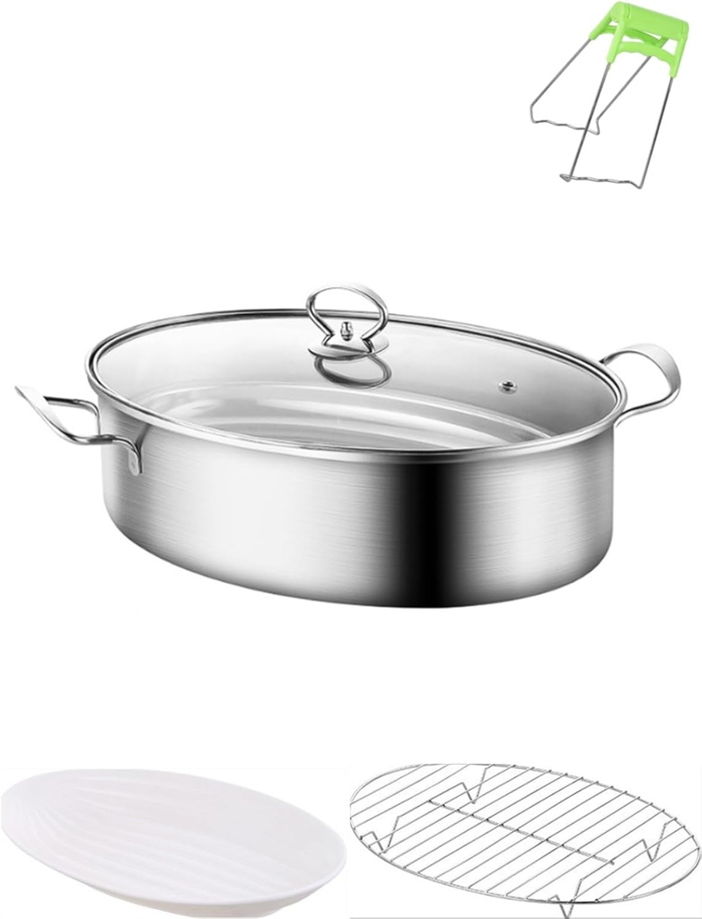 Stainless Steel Fish Steamer Set, Large Oval Steamer Pot Cooker with Glass Lid, Multi-Use Cookware for Fish Soup Chicken Cooking (Silver)