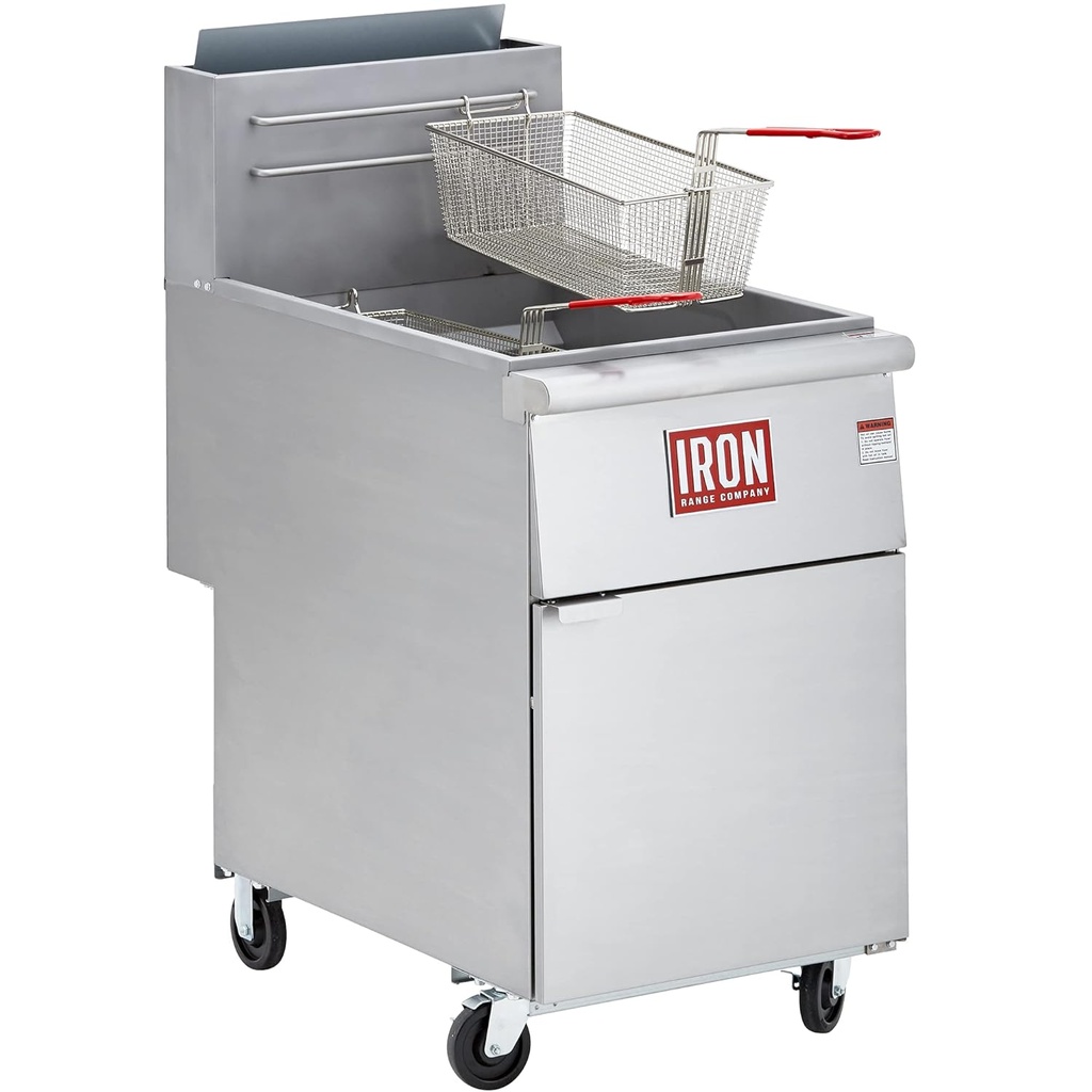 Iron Range IRF75 Free Standing Gas Fryer, 75 lb Capacity, 5-Tube Heat Exchange, 30,000 BTU, Cool Zone, 200°F-400°F Temp Range, Stainless Steel Tank, 2 Baskets, Safety Hi-Limit Control