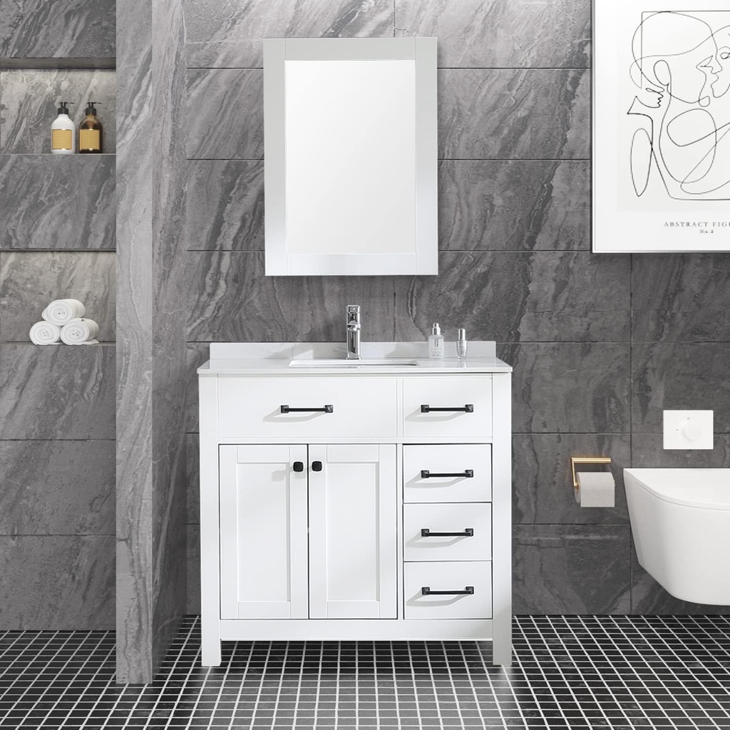 wonline 36" Bathroom Vanity Cabinet and Man-Made Stone Countertop Combo Undermount Ceramic Vessel Sink Chorme Faucet Drain with Mirror Vanities Set in White