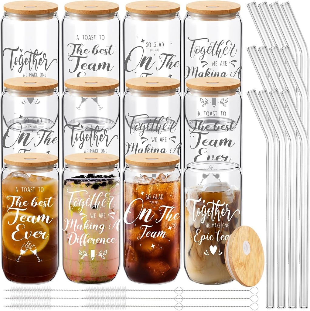 12 Pcs Team Appreciation Gift for Coworker Housekeeping Gift Mason Jar Glass Cup 16 oz Coffee Drinking Jar with Lid and Straw Cleaning Brush Drinking Cup Christmas Thank You for Employees Women